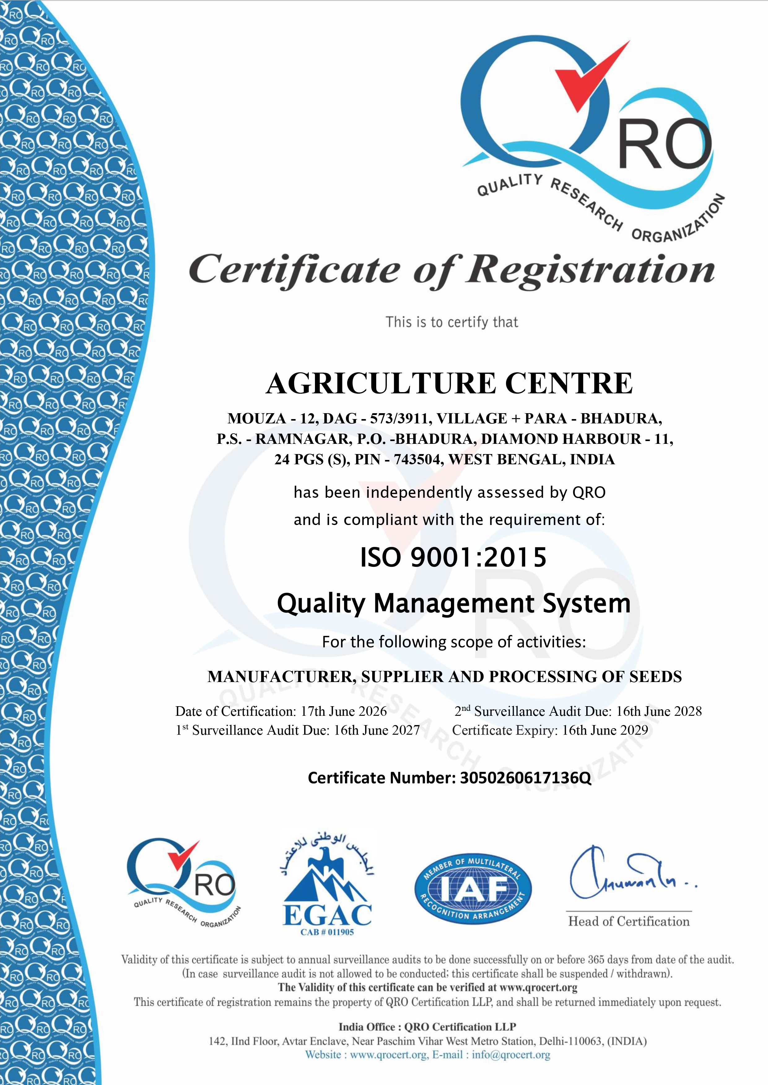 Agriculture Centre ISO 9001:2015 Certificate of Registration